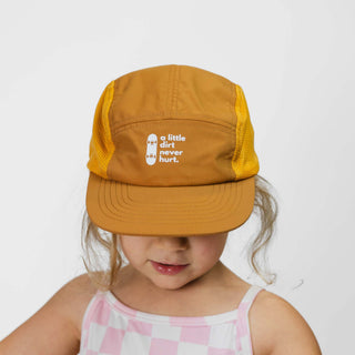 Close-up of Sunset Ridge 5-panel kids hat in amber, designed for outdoor adventures