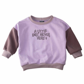 Crewneck sweatshirt for kids with a lavender body transitioning to laurel/purple sleeves. Showcased in a flat lay to highlight the luxury pima cotton fabric and graphic design by My Mini Explorer. Handmade in Montana. 