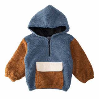 Flat lay of My Mini Explorer quarter zip sherpa hoodie with front flap kangaroo pocket, featuring a 100% polyester shell and cotton liner for warmth and comfort