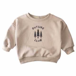 Beige Outside Club crewneck sweatshirt laid flat, highlighting the luxury cotton fabric and graphic design by My Mini Explorer. Handmade in Montana near Glacier National Park. 