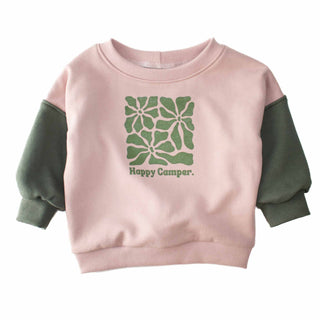 Flat lay of the "Happy Camper" crewneck sweatshirt, featuring a pink body with green sleeves and a playful camper-themed graphic. Made for adventurous kids by My Mini Explorer