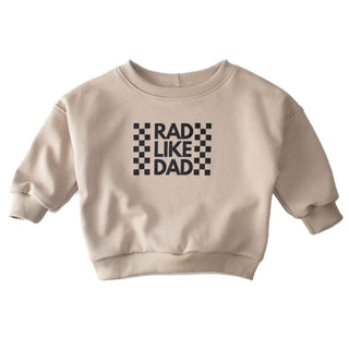 Beige Rad Like Dad crewneck sweatshirt, laid flat, highlighting luxury pima cotton fabric and graphic design by My Mini Explorer. 