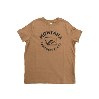 Brown t-shirt with a graphic design stating "Montana Last Best Place". 