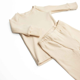 Oatmeal colored ribbed pajamas made with organic cotton in Montana USA