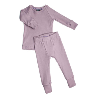 elderberry colored ribbed pajamas made from organic cotton. 