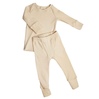 Oatmeal colored ribbed pajamas made with organic cotton in Montana USA